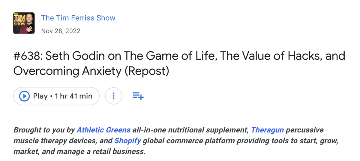 The Tim Ferriss Show 播客在描述中提及赞助商,包括 Shopify