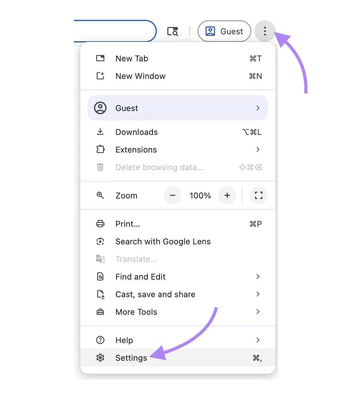 点击 Chrome 浏览器右上角的三个点图标，并从列表中选择“Settings”。