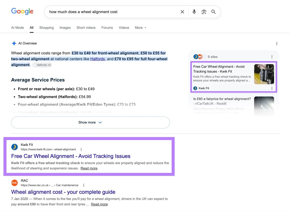 Google 搜索结果页面展示某网站被 AI 概览引用，并显示为顶部自然结果。