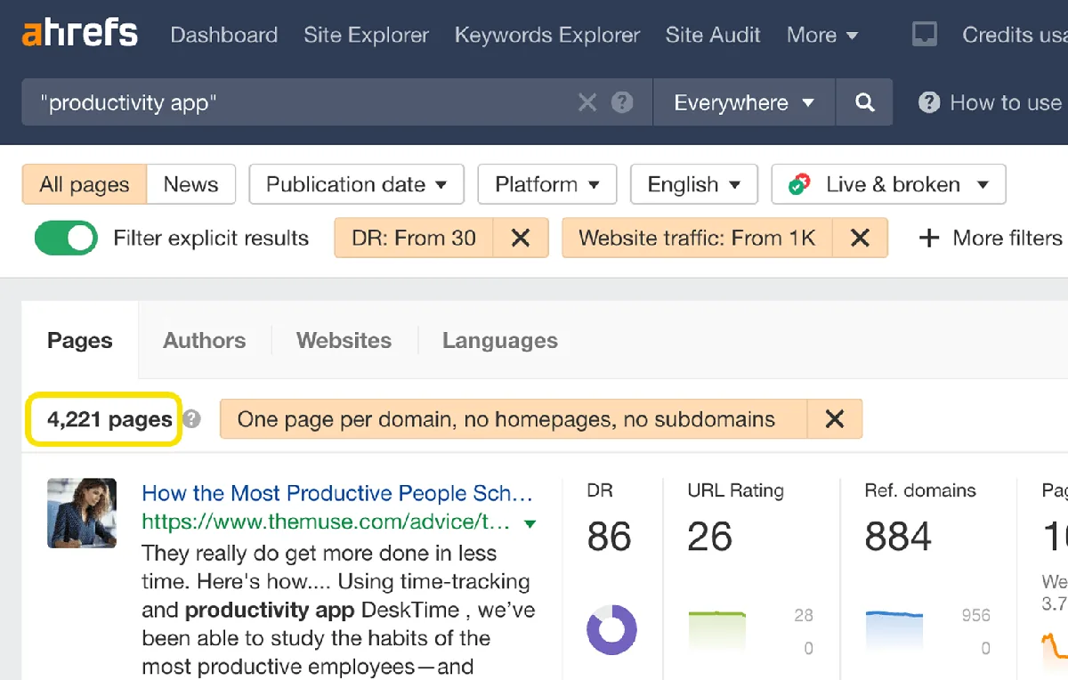 筛选后的 Content Explorer 结果截图,展示约 4000 个页面