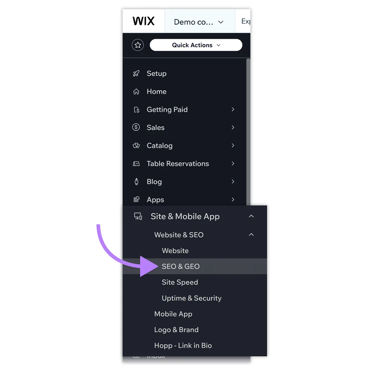 Wix 导航侧边栏，高亮“SEO & GEO”菜单选项