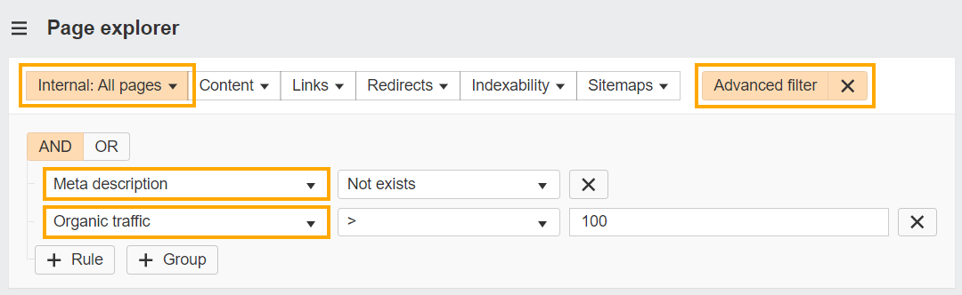 在 Ahrefs Page Explorer 中查找缺少元描述且自然流量超过 100 的页面方法的截图