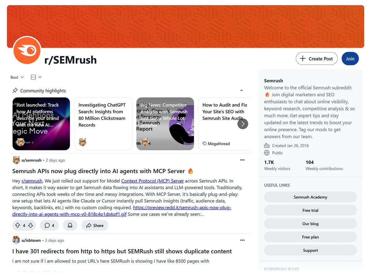 r/SEMrush subreddit 页面,包含帖子和社区精选。