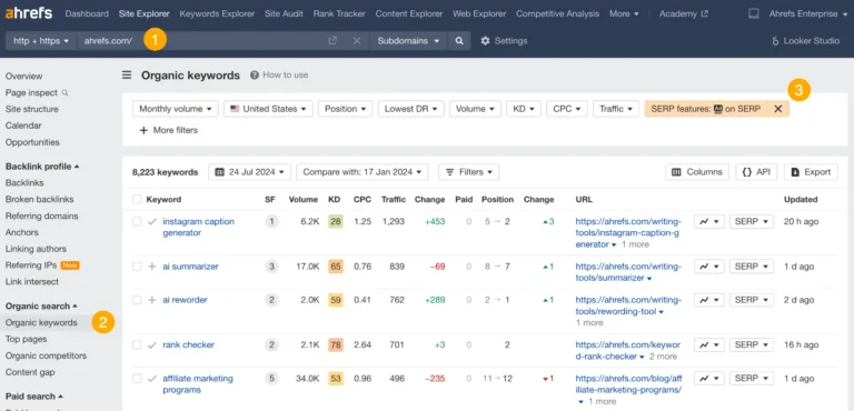Ahrefs 的 Site Explorer 中的自然关键词报告