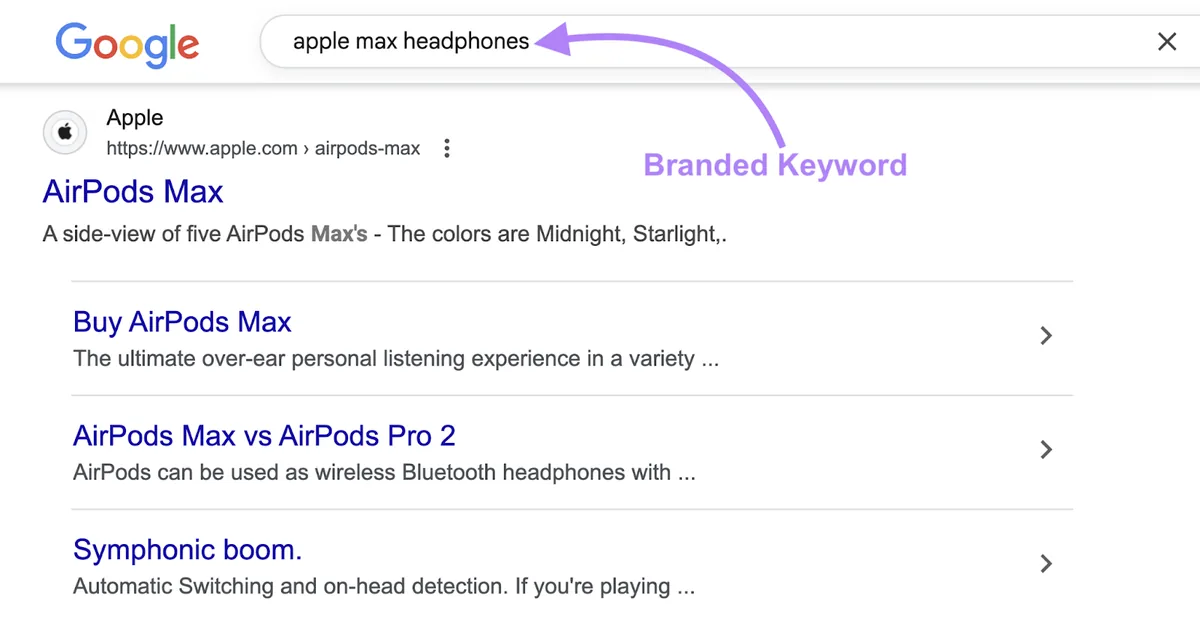 品牌关键词搜索示例：“apple max headphones”。
