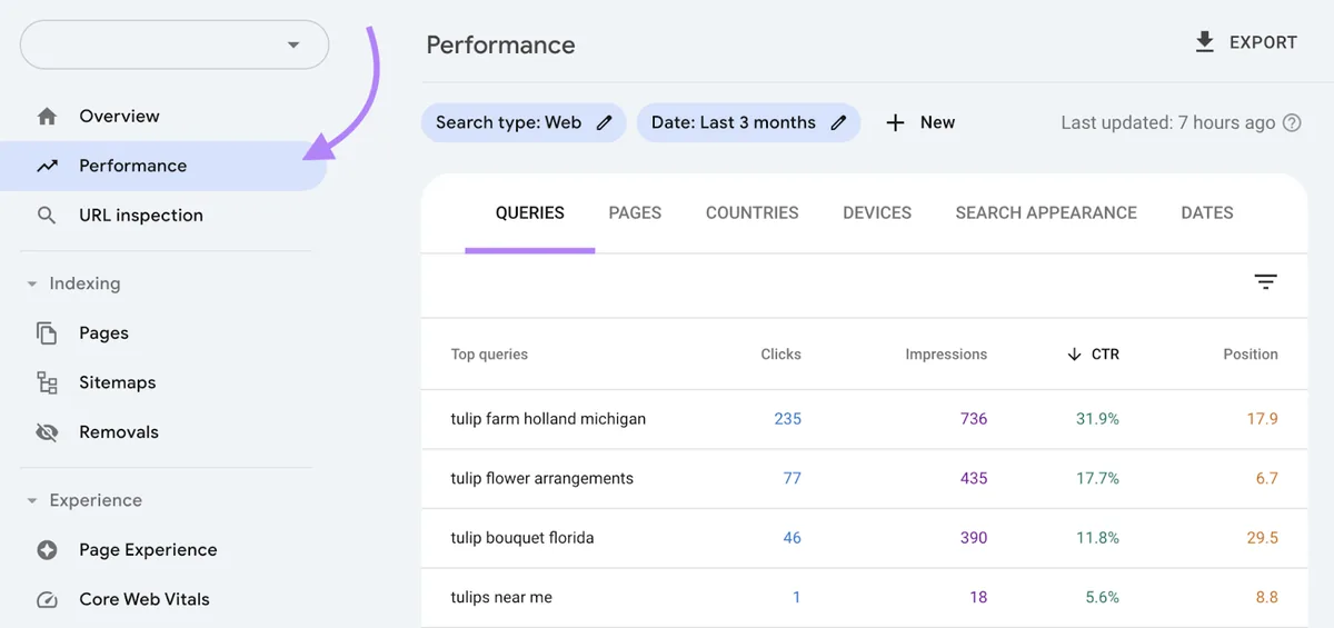 在 Google Search Console 中导航至查询表格
