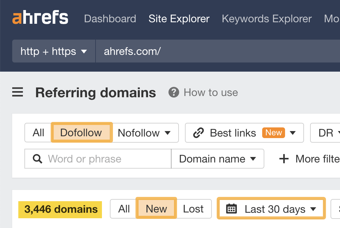 dofollow 链接数量(来自 ahrefs site explorer)