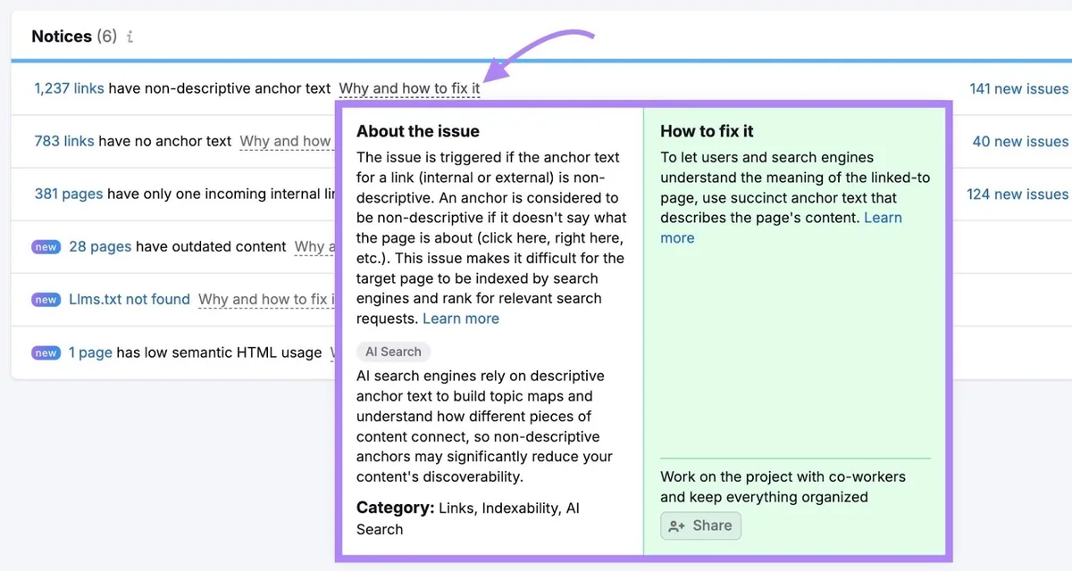 Site Audit issues 点击警告旁的“Why and how to fix it”,显示关于该警告的更多信息。