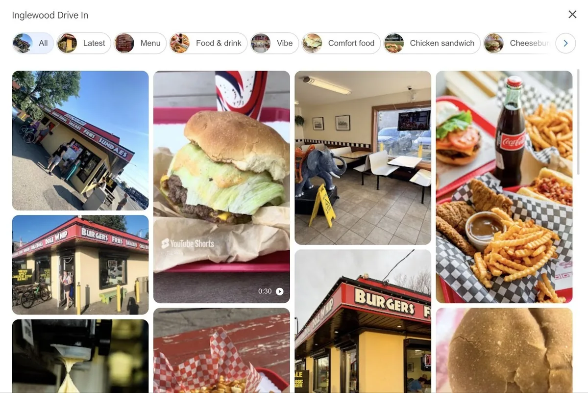 “Inglewood Drive In”的 GBP 上的照片区块，显示来自商家和顾客的多张食物和空间图片。