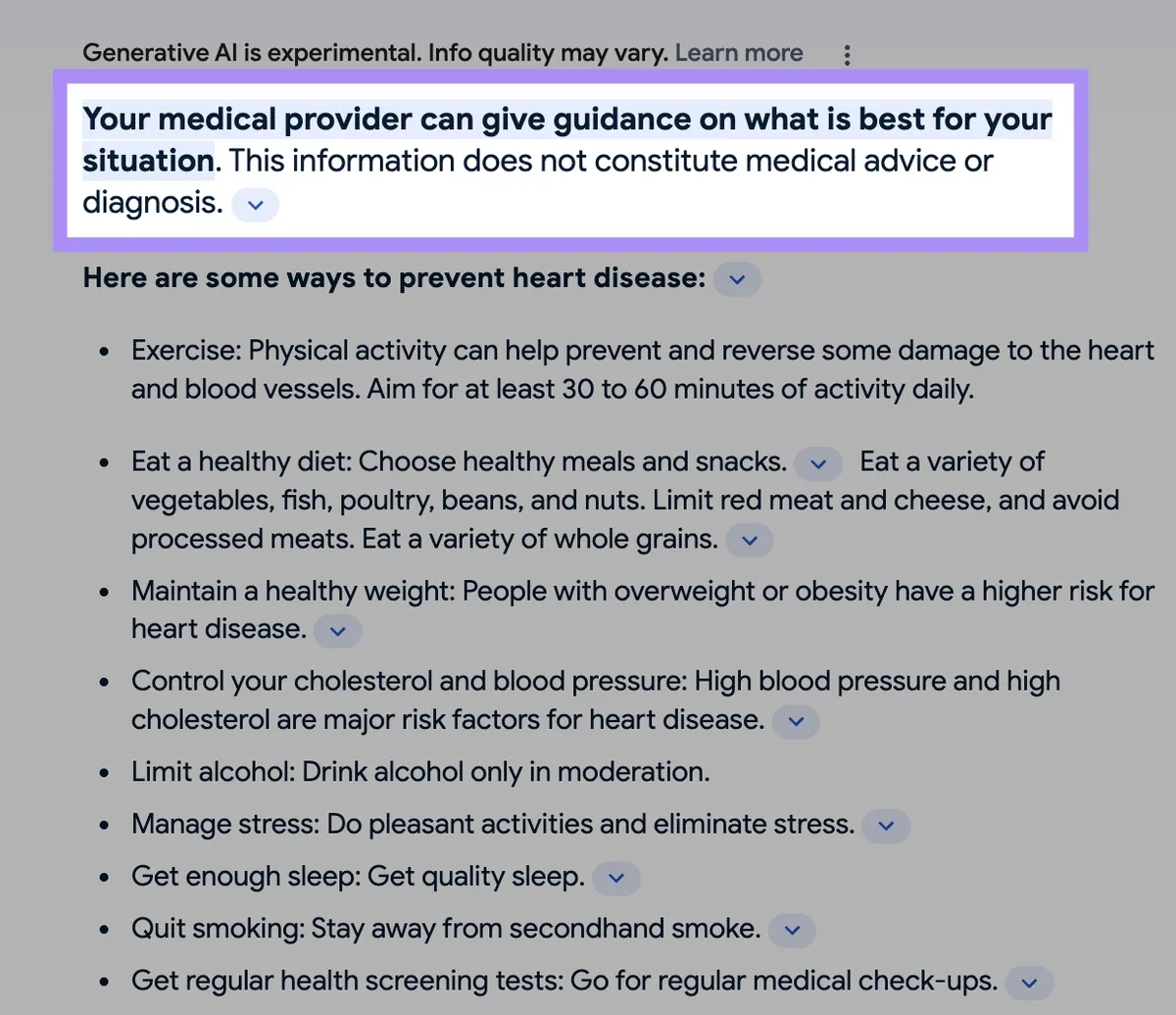 Google SGE 免责声明,内容为“Your medical provider can give guidance on what if best for your situation. This information does not constitute medical advice or diagnosis.”