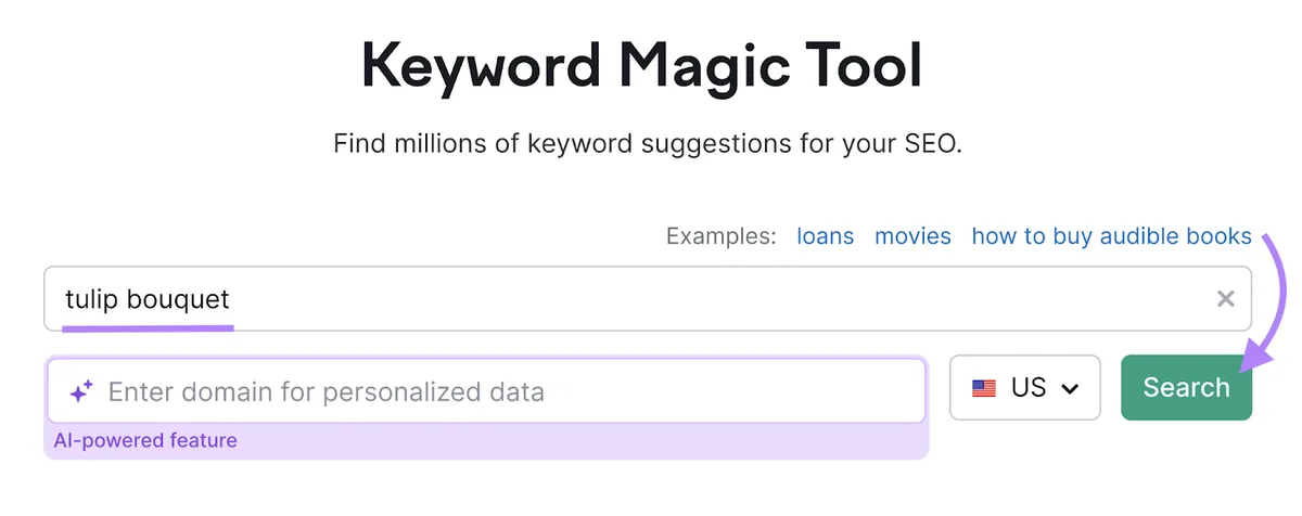 在 Keyword Magic Tool 中输入的“郁金香花束”