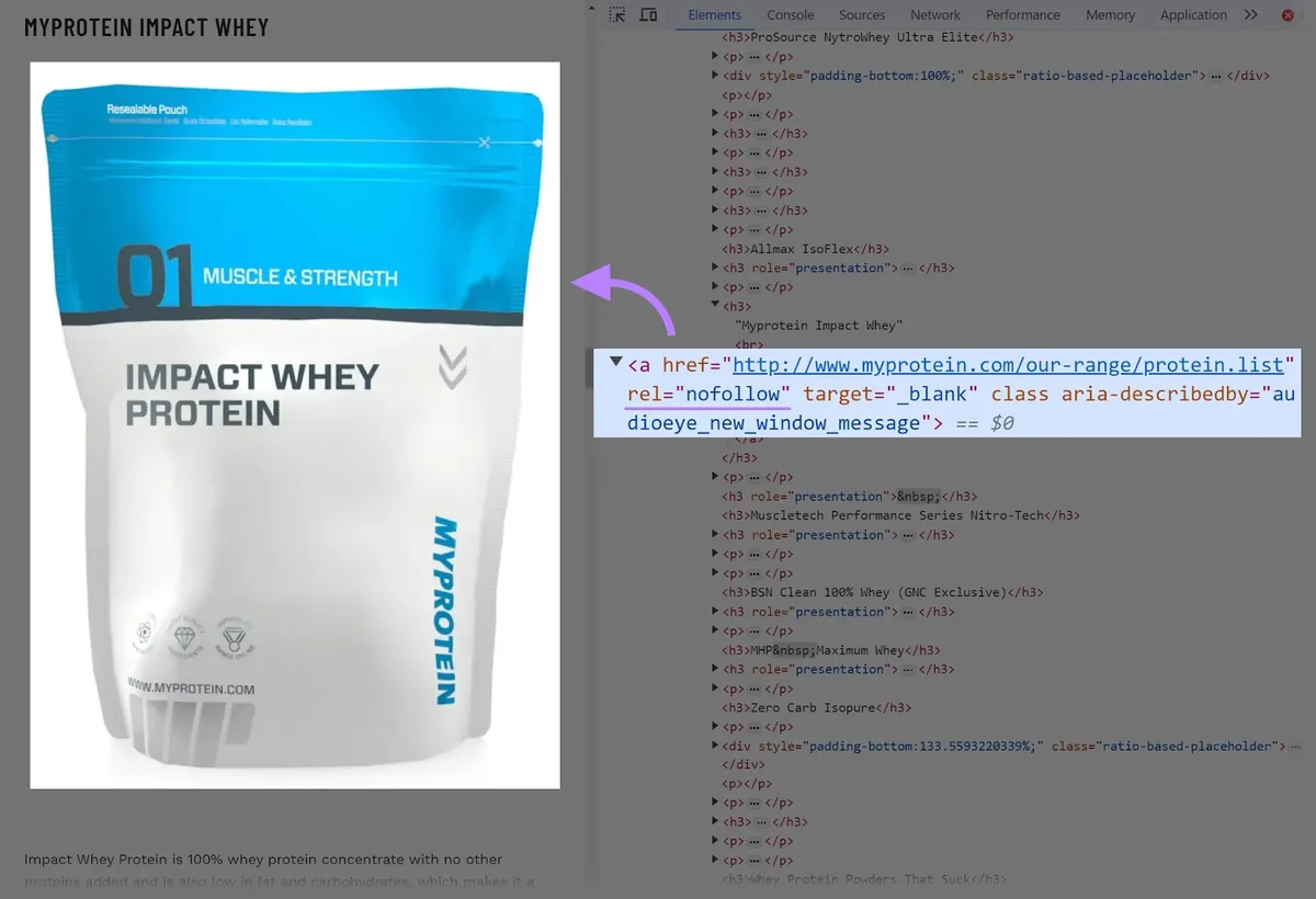 文章中“Myprotein”图片的 HTML 代码，使用检查工具显示，nofollow 属性已高亮显示