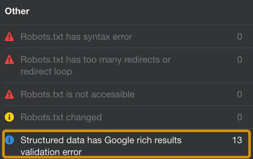 Site Audit 报告的结构化数据错误。