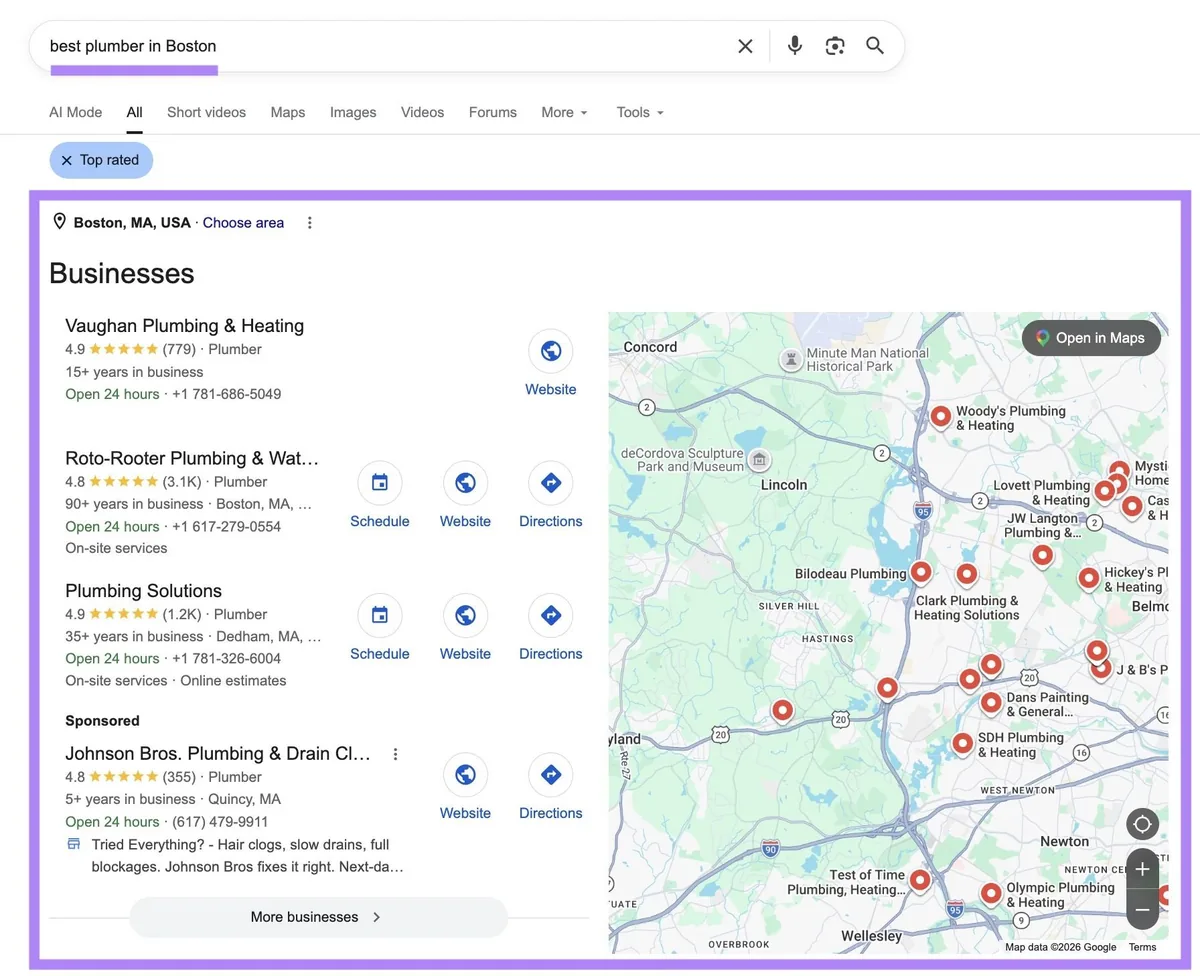 词条“best plumber in Boston”的 Google 搜索结果页面，本地包已高亮显示。