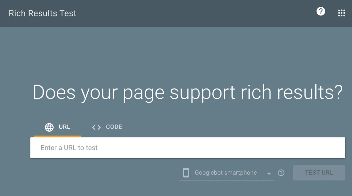 Google 的 Rich Results Test 工具起始界面，带有用于输入和测试 URL 的输入框