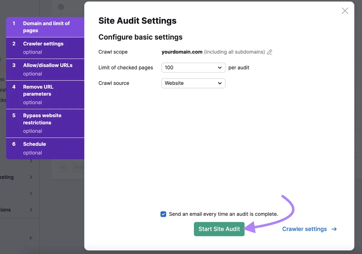 Site Audit 设置弹窗