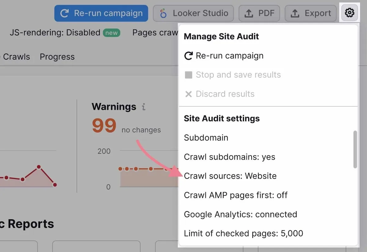 点击了 Site Audit 上的齿轮图标，并从下拉菜单中选择了“抓取来源：网站”
