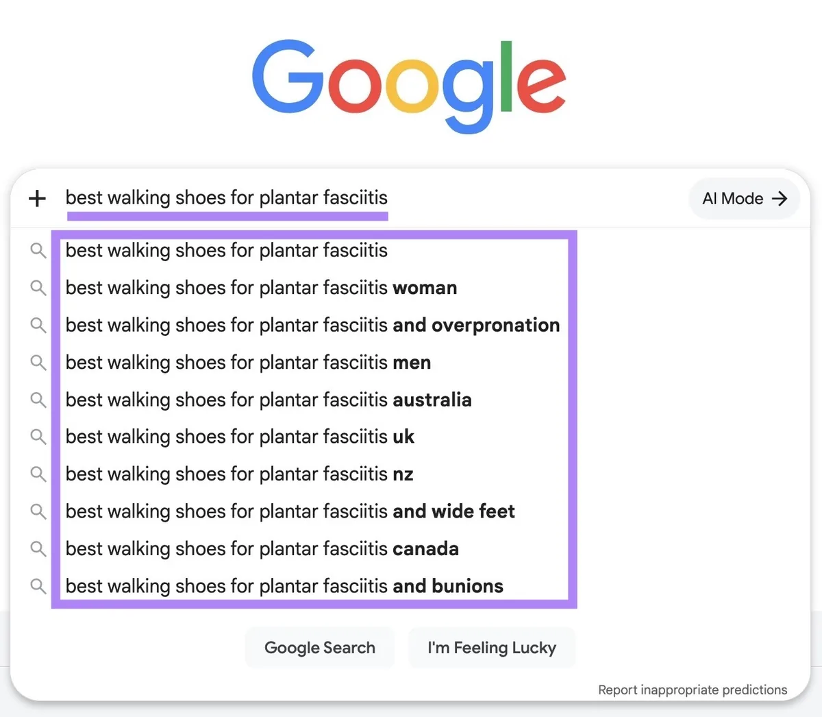 在 Google 上输入了“best walking shoes for plantar fasciitis”,自动补全建议高亮显示。