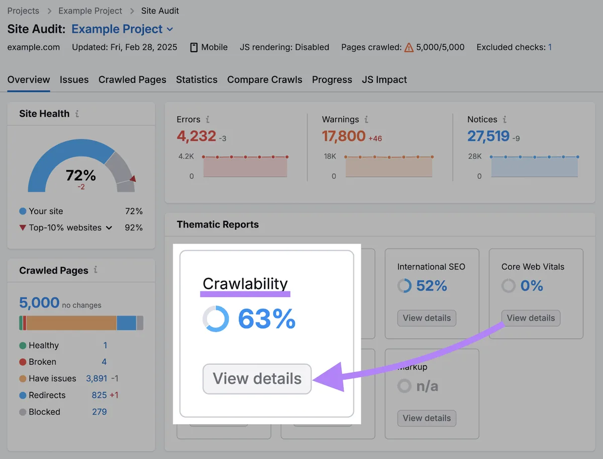 Site Audit 概览页面中的可抓取性报告