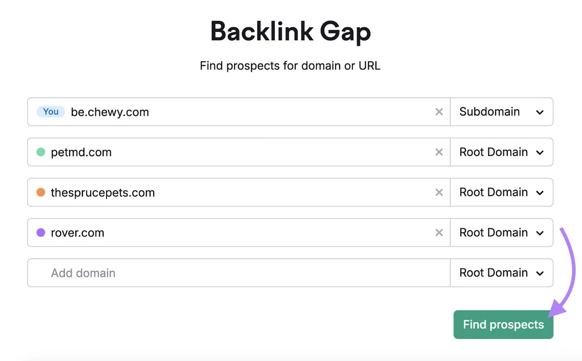 在 Backlink Gap 工具中输入多个域名并点击“Find prospects”。