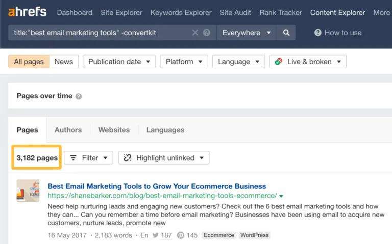 在 Ahrefs 的 Content Explorer 中使用“-”操作符排除提及特定品牌的结果