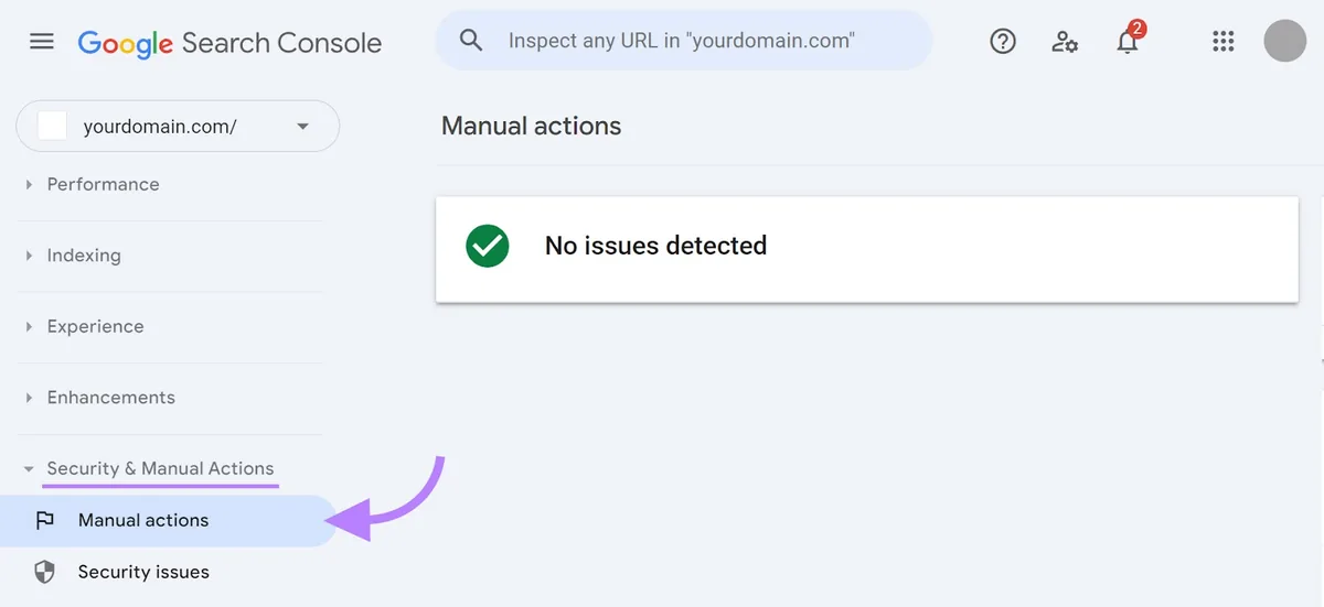 Google Search Console 工具的“Manual actions”标签页。