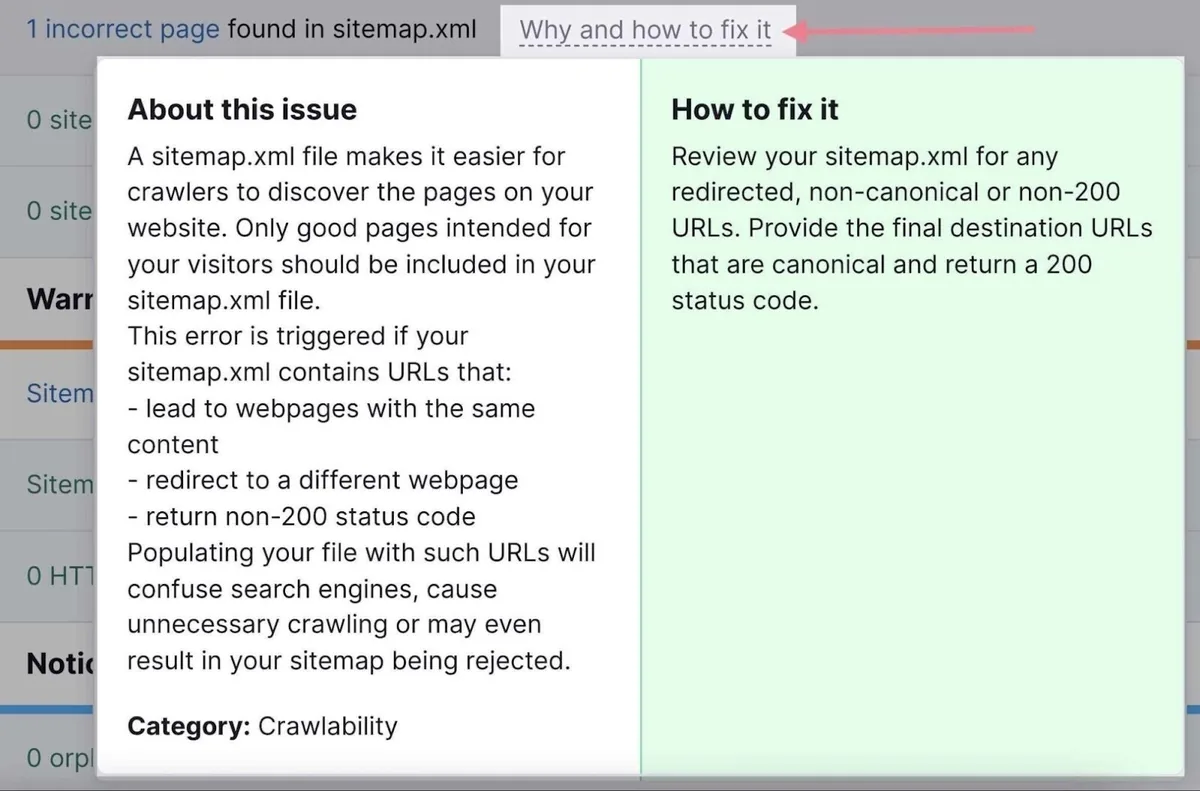 Site Audit 工具的“Why and how to fix it”窗口。