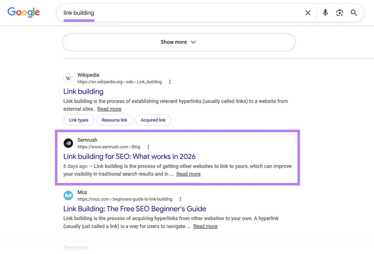 “link building”的 Google 结果,Semrush 的文章在页面靠近顶部处已高亮显示