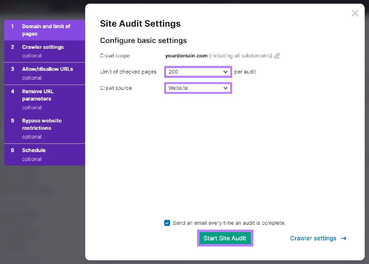 Site Audit 设置选项,高亮“Start Site Audit”按钮。