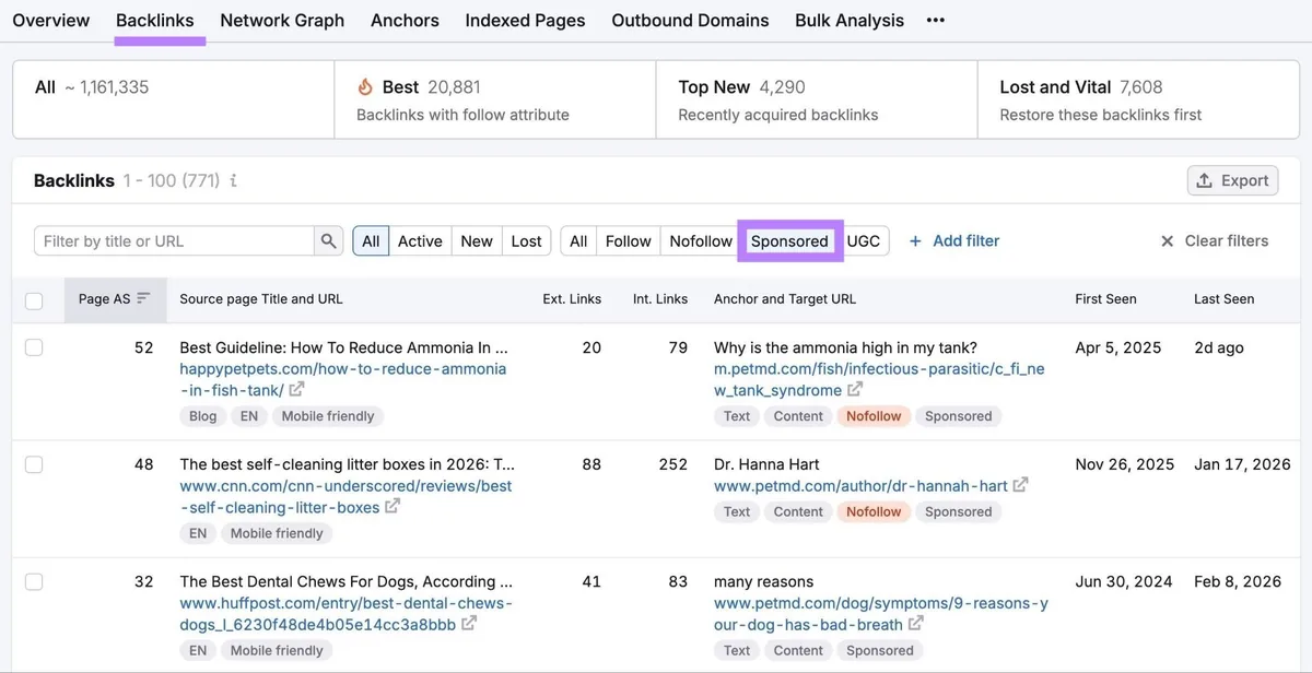 Backlink Analytics 工具“Backlinks”标签页上的赞助反向链接列表。