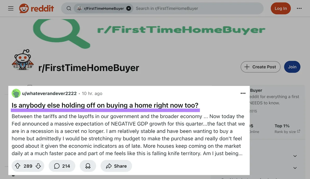 /FirstTimeHomeBuyer 子版块上的帖子,标题为“Is anybody else holding off on buying a home right now too?”
