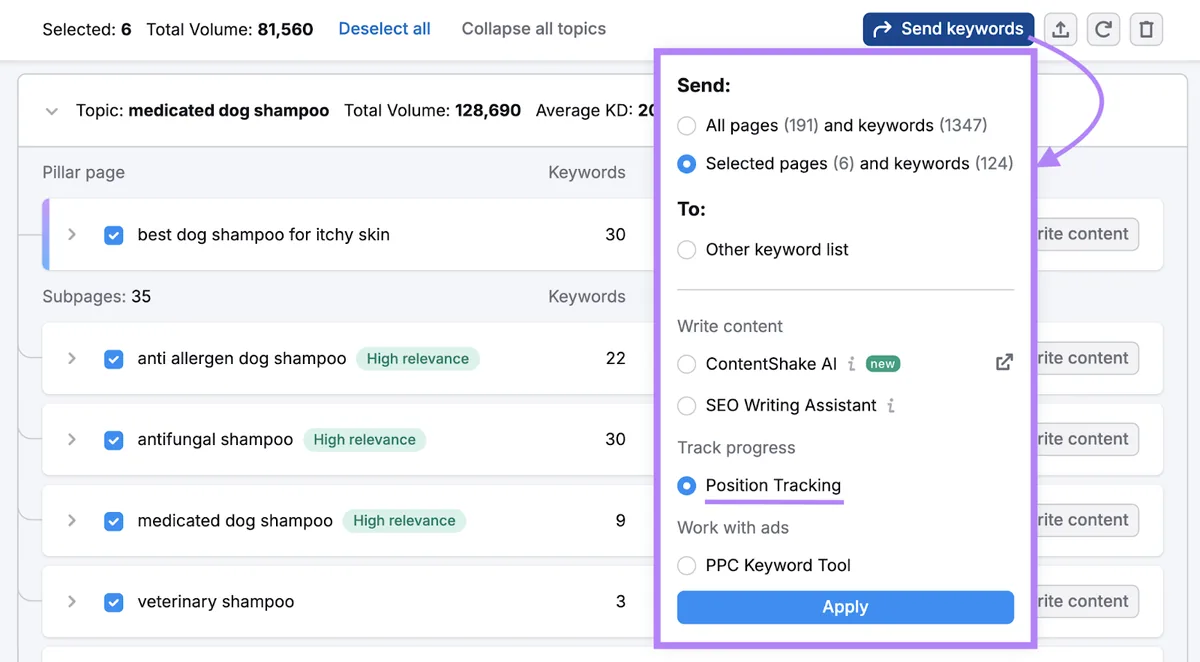 Send keywords 选项显示可将某个词簇发送至 Position Tracking。