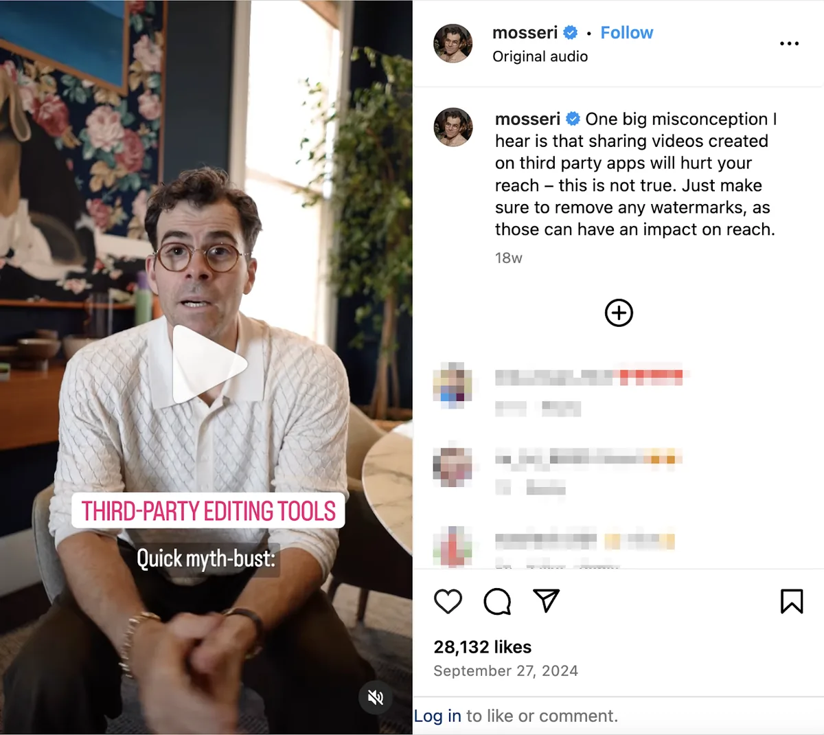 Mosseri 的 Reel 配文写道：“One big misconception I hear is that sharing videos created on third party apps will hurt your reach. This is not true. Just make sure to remove any watermarks, as those can have an impact on reach.”