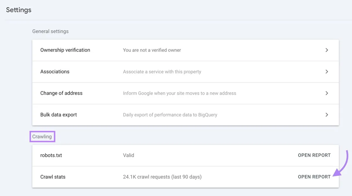 Google Search Console 的设置,高亮“Crawling”区块并点击“Open Report”。