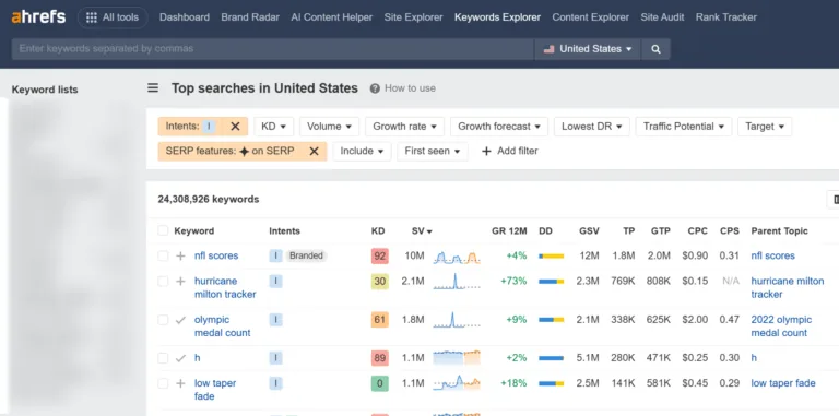 筛选为美国地区 AIO 和信息型意图的 Keywords Explorer