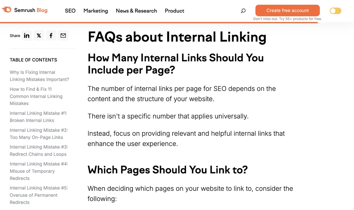 Semrush 博客文章中标题为“FAQs About Internal Linking”的部分