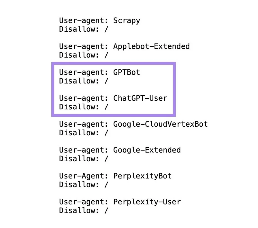 一个禁止 GPTBot 和 ChatGPT-User 机器人的 robots.txt 文件。