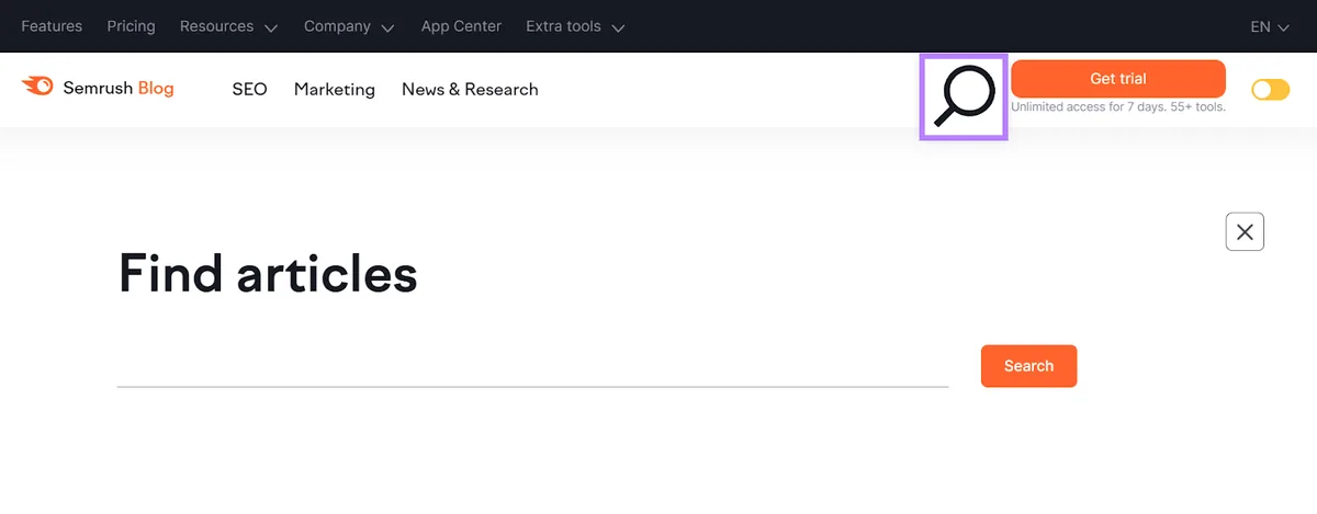 Semrush 博客搜索页面,导航中的搜索按钮放大并高亮。