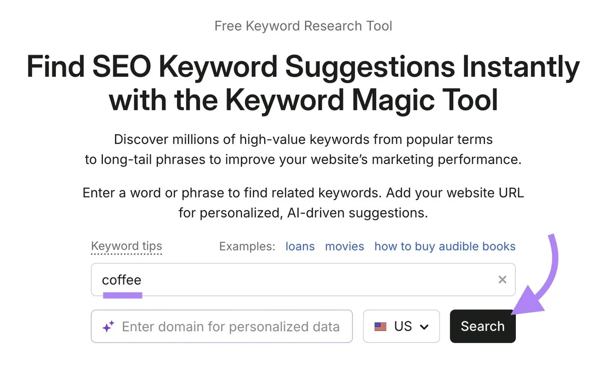Keyword Magic Tool,已输入“coffee”并点击“Search”。