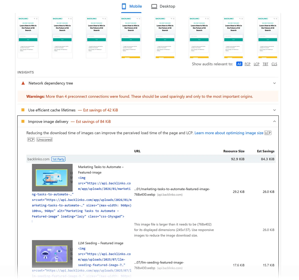 PageSpeed Insights 诊断显示图片优化和缓存问题