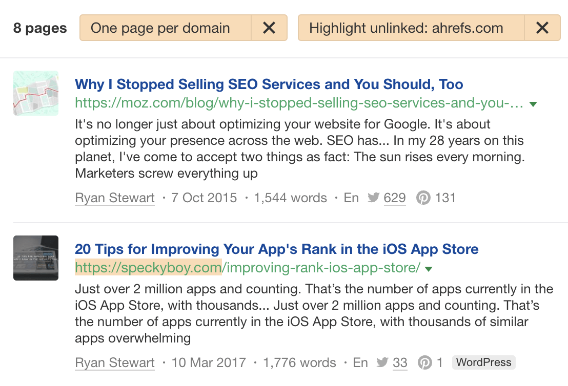 在 Ahrefs 的 Content Explorer 中每个域名只保留一个页面，并高亮尚未链接到我们的域名
