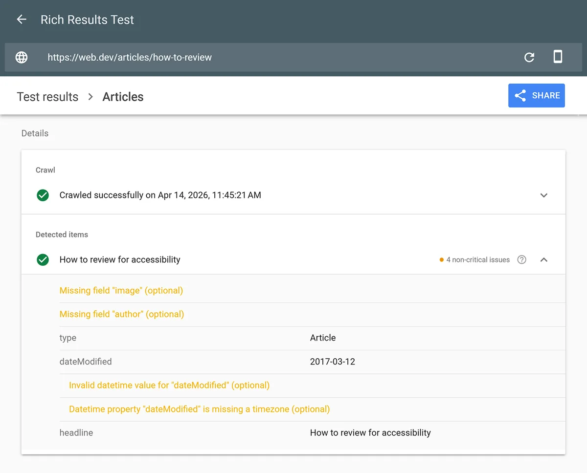 Google Rich Results Test 展示文章结构化数据问题,如字段缺失和日期无效