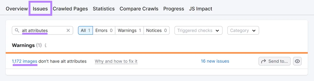 Semrush Site Audit 的 Issues 标签页,搜索框中已输入“alt attributes”