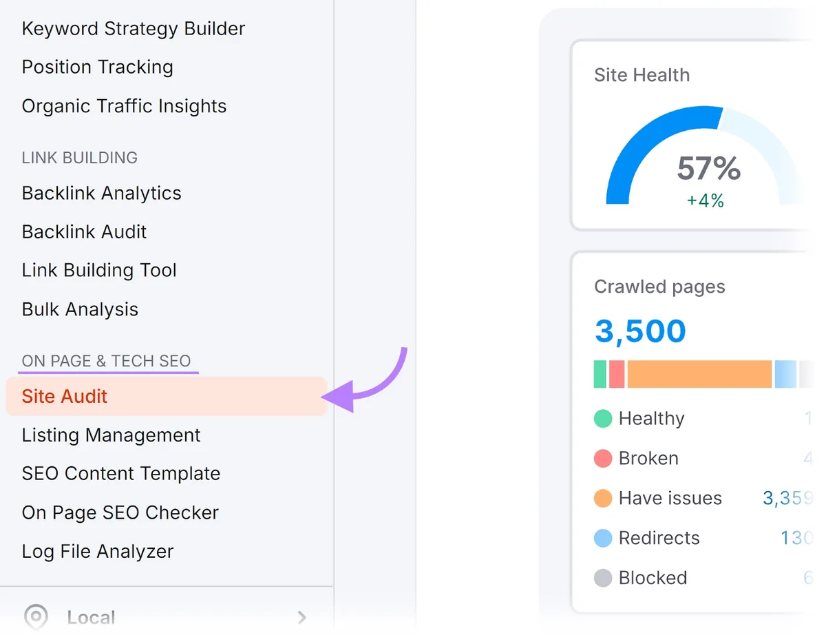 Semrush 导航菜单,高亮 On page & Tech SEO 类别和 Site Audit 按钮。