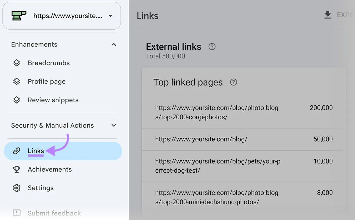 Google Search Console 导航,Links 报告已高亮显示,旁边是被链接最多的页面列表