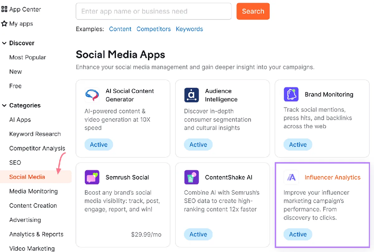 Semrush App Center 中的应用卡片，“Influencer Analytics”以紫色方框高亮。