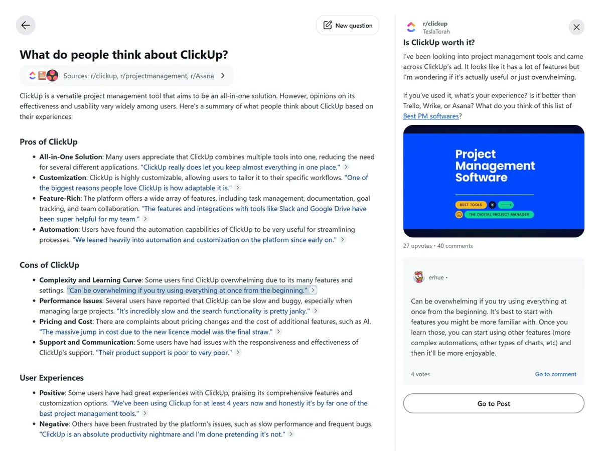 Reddit Answers 对 ClickUp 优缺点的总结,附有链接的讨论帖。