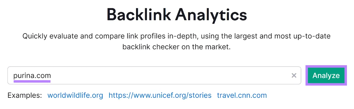 Semrush Backlinks 工具起始页，已输入域名并突出显示 Analyze 按钮