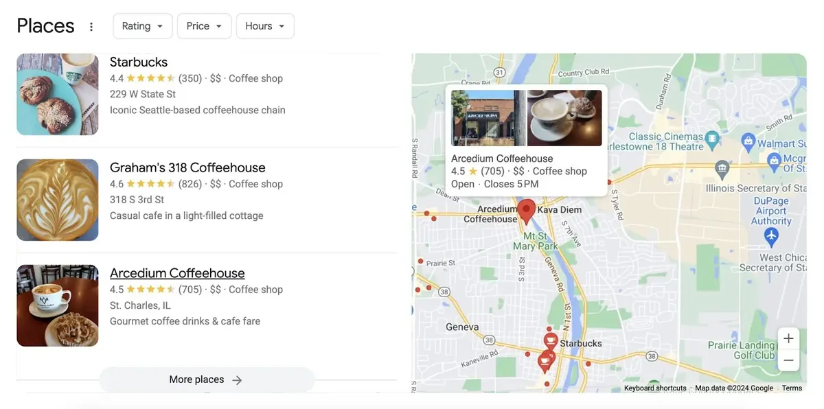 Google 搜索结果页面上的 Places 搜索结果,显示咖啡店并选中了 Arcedium Coffeehouse