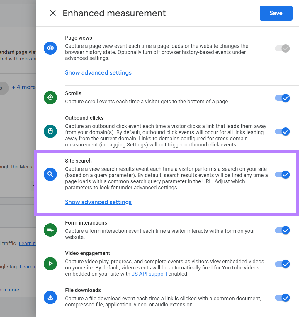 Google Analytics 中的增强衡量事件,“Site search”行高亮。
